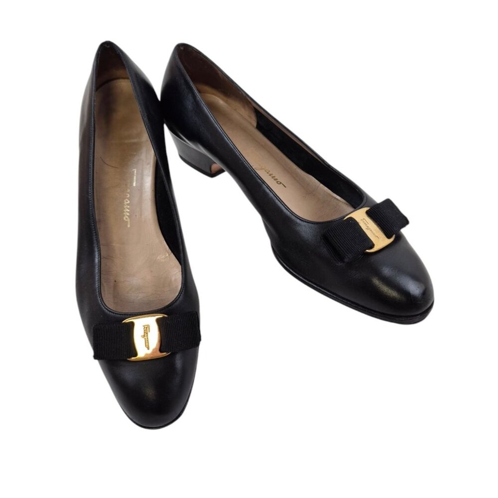 Salvatore Ferragamo Pumps Womens Size 9.5M Black Leather Shoes Bow Italy - Picture 4 of 13